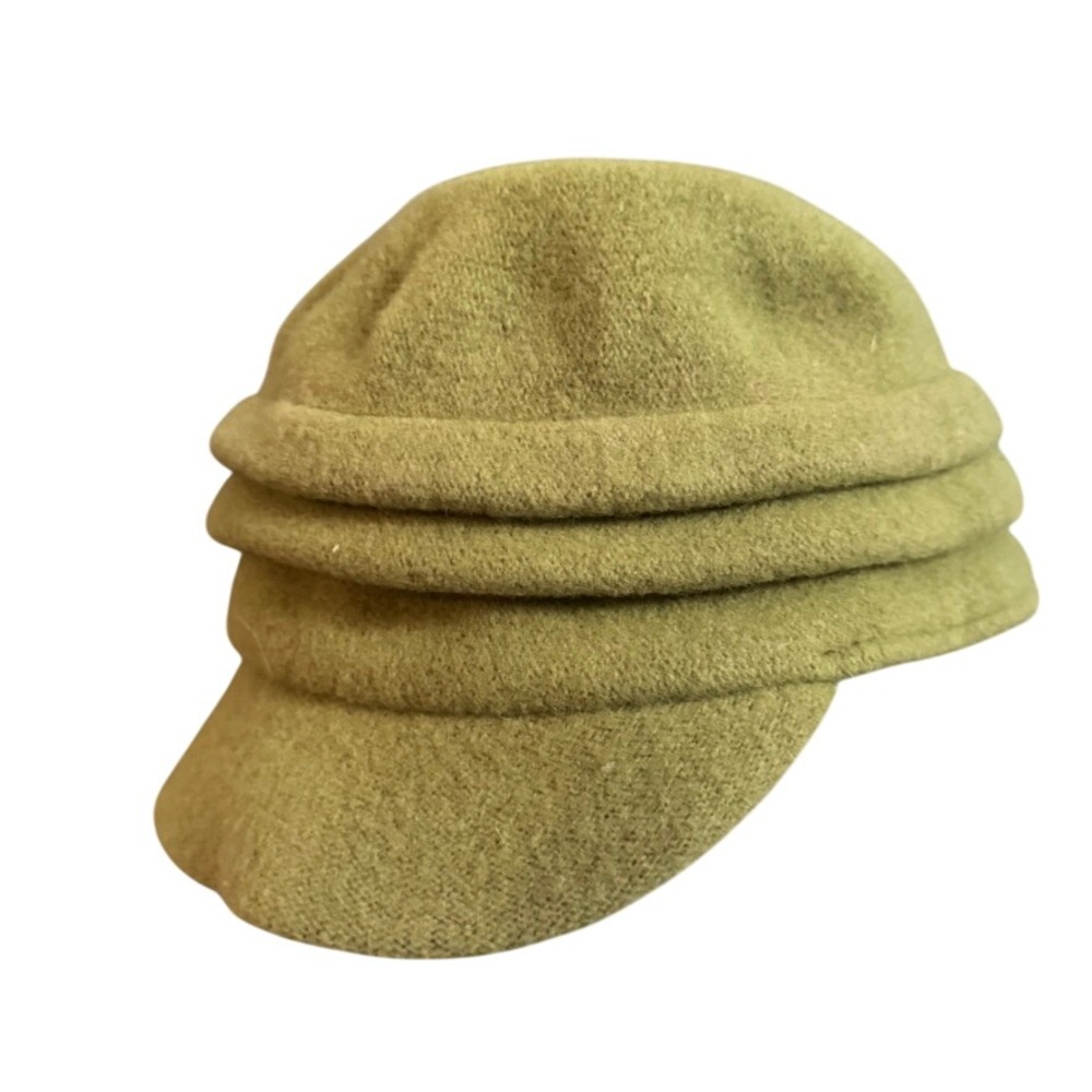 Shihreen Wool Cloche Hat Olive Green Pleated Newsboy Cap with Ring One Size